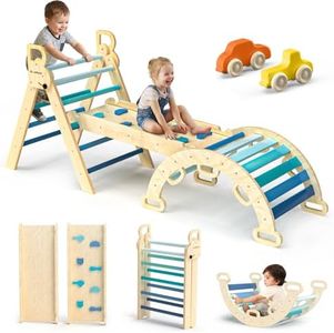 BlueWood Pikler Triangle Set with Safe Handle, Foldable 7-in-1 Montessori Toddler Climbing Toys Indoor, Wooden Pickler Climbing Set, Baby Jungle Gym & Playground, Climbing Toys for 1-3 Year, Sky Blue