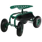 Sunnydaze Rolling Gardening Cart with Adjustable 360-Degree Swivel Seat - Utility Tool Tray and Storage Basket - Green