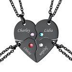 4 Piece Matching Friendship Heart Necklaces Customized Black BFF Necklace Set with Birthstones Personalized Best Friend Name Puzzle Pendants Stainless Steel Engraved Jewelry Gift for Family Teen Girls