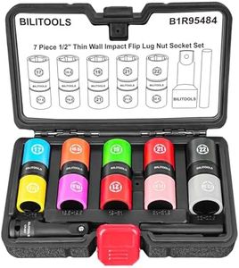 BILITOOLS Lug Nut Socket Set, 1/2" Thin Wall Impact Flip Sockets for Wheel lug Nuts with Non-Marring Sleeves, Half Sizes: 17/17.5, 18.5/19.5, 19/21, 21/21.5, 22/22.5mm, Knockout Bar & Extension