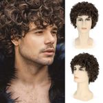 FAELBATY Short Brown Curly Afro Wig for Male Guy California Afro Wig for Men's Cosplay Costume Daily Hair Synthetic Heat Resistant Mens Full Wigs 70s Disco Dirt Bag Wig