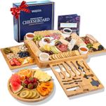 VAREZZA Bamboo Cheese Board and Knife Set. Extra Large Charcuterie Board Set - Serving Board, Side Cheese Tray, Round Bamboo Fruit Cheese Platter, 23 Entertaining Accessories for House Warming Gifts