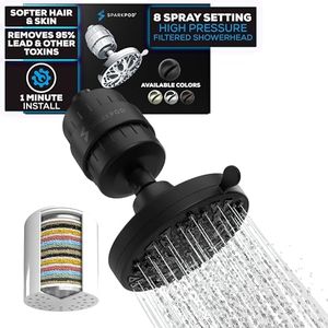 SparkPod 8 Spray Setting Filtered Showerhead - Water Filter Suitable for People with Dry Hair, Skin & Scalp, 5" Shower Head with Enhanced Formula Filter Reduces Chlorine (Black Matte)
