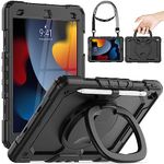 Timecity Case for iPad 9th/ 8th/ 7th Generation 10.2 Inch Full-Body Shockproof Protective Case with Screen Protector, 360° Rotating [Hand Girp & Stand] Shoulder Strap for ipad 9/8/7 2019-2021 Black