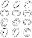 JeryWe 12PCS Stainles Steel Rings for Women Silver Aesthetic Jewelry Rings Stackable Rings Trendy Knuckle Thumb Finger Rings Size 6-9 Indie Rings Adjustable Open Rings Set（Style1）