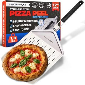 KitchenStar Perforated Pizza Peel 12 inch with 10 inch Folding Handle, Medium - Stainless Steel Spatula Paddle for Effortless Pizza Transfer & Easy Storrage - Outdoor Pizza Oven Accessories