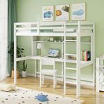 Giantex Twin Loft Bed with Desk and Bookshelf, Solid Wood Loft Bed Frame with Full Length Safety Guardrail & Ladder, Space-Saving Loft Bed for Kids Teens, No Box Spring Needed, White