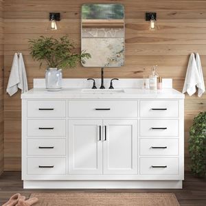 ARIEL Hepburn 60-inch Bathroom Vanity with Sink,Solid Wood, 1.5-inch Carrara White Quartz Countertop & Backsplash, Single Rectangular Porcelain Sink, 2 Soft Closing Doors, 9 Dovetail Drawers, White
