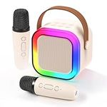 Fede Karaoke Machine for Kids Adults, Mini Karaoke Machine with 2 Wireless Microphones, Portable Bluetooth Speaker with Voice Changing Effects & LED Lights, Best Gifts Toys for Girls and Boys Beige