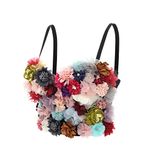 Woeoe Flower Corset Bustier Crop Top White Diamond Bra Nightclub Rave Rhinestone Tops Jewelry for Women, Black, Small