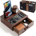 Nightstand Organizer For Men - Christmas Gift for Men - Wood Phone Docking Station to Charge Your Phone and Organize Your Watch & Accessories - Wood Charging Station with Lined Tray & Drawer