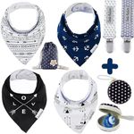 Dodo Babies Bandana Drool Bib Set – Four 100% Cotton Bibs with Soft Polyester Lining, 2 Pacifier Clips, Binky Case, Navy Dot Gift Bag for Baby Girl or Boy Shower – Adjustable Snap Fit for 3-24 Months