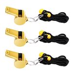 SAVITA 3pcs Stainless Steel Whistles with Lanyard, Super Loud Premium Metal Sports Whistles Bulk for Outdoor Activities PE Classes Coaches Polices Referees Teacher Emergency (Golden)