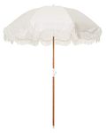 Business & Pleasure Co. Holiday Umbrella - Boho Beach Umbrella with White Fringe, UPF 50+, 1" Tilting Wood Pole, 5’ x 6.5’, Antique White