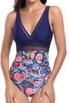 VILOREE Sexy Women's Mesh Swimsuit One-Piece Swimwear V Neck Monokini One Piece Tummy Control, Flowers-3, M