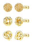 Roheafer 3 Pairs Gold Earrings for Women Girls 14K Gold Plated Woven Ball Stud Earrings Love Knot Post Earrings for Sensitive Ears