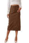 HERBATOMIA Women’s Corduroy Skirt Long Pencil High Elastic Waisted Brown Trendy Back Slit Solid Midi Skirts for Women with Pocket