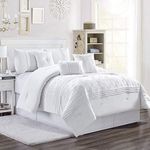 Chezmoi Collection Grace 7-Piece White Floral Chenille Embroidered Pom Pom Pleated Stripe Comforter Set, King