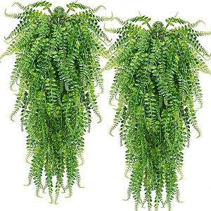 CLONG 2 pcs Artificial Hanging Ferns Plants Vine Fake Ivy Boston Outdoor UV Resistant Plastic Plants (Green)