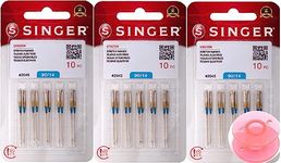 Singer 30 Counts Size 90/14-Stretch 2045 Sewing Machine Needles (3 Packs) Bundle with Inceler Brand Plastic Bobbin for All Household Sewing Machines