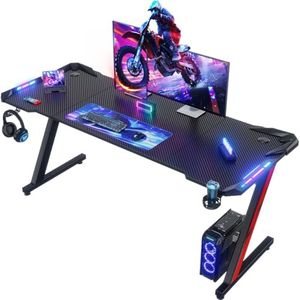 Devoko Led Gaming Tisch 160x60 cm,Gaming Schreibtisch Z-Frame, Ergonomischer Gamer Tisch mit Getränkehalter, Kopfhörerhaken, Stabiler Computertisch PC Schreibtisch