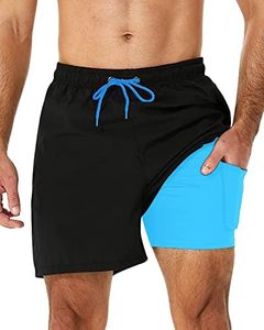 SILKWORLD Mens Swimming Trunks with Compression Liner Quick Dry Board Shorts with Zipper Pockets,Black,3X-Large