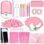 Eyelash Extension Supplies Lash Extension Kit for Beginner USB Lash Fan 0.07D Curl Mix 7-15mm Lash Silicone Pad Tweezers Under Eye Gel Pad Mini Applicator Wash Bottle Mascara Brush Glue Ring (Pink)