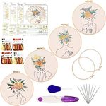 MINGHAM Embroidery Starter Kits, Set of 4 Line Art Girls Embroidery Kits, Original Body Art Floral Pattern.