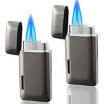 Futlidys 2 Pack Double Flame Torch Lighter Butane Refillable,Classic Pocket Lighters with Visible Window, Adjustable Jet Torch Lighter,Butane Lighter for Men and Women, Without Butane. (Grey)