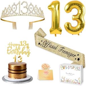 13th Birthday Decorations for Girls with 13th Birthday Sash and Crown, Number Balloons, Birthday Card, Cake Topper and Candles, 13 Year Old Girl Gifts for Her, Gold