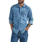 Wrangler Men's Iconic Denim Regular Fit Snap Shirt Button, Lake Wash, Medium