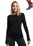 Merino Wool Base Layer Women 100% Merino Wool Lite, Midweight, Heavyweight Long Sleeve Thermal Shirts + Wool Socks (Medium, Black 250)