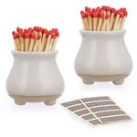 ELLDOO 2 Pack Ceramic Match Holder with 10 Pcs Strikers, Cute Home Decor Match Jar for All Matches, Decorative Modern Home Decor for Mantel Living Room, White (Matches NOT Included)