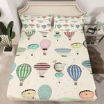 Cartoon Hot Air Balloon Fitted Sheet Queen Size Kids Retro Geometric Lines Bedding Set for Boys Teens Colorful Hot Air Balloon Bed Sheet Set Vintage Yellow Bed Cover Room Decor