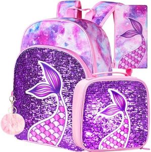 gxtvo 3PCS Girls Backpack, 16" Sequin Prechool Elementary Bookbag and Lunch Box, Fish Tail Pink, One Size, 3pcs Pink Mermaid Backpack Set