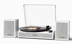 Vinyl Record Player with External Speakers, 3 Speed Vintage Belt Drive Turntable Record Player with Stereo Speakers RCA Audio Out and Aux-in, White Wood