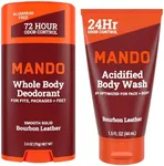 Mando Smooth Solid Stick (2.6 Ounce) + Acidified Body Wash (1.5 Ounce) - Clinically Proven to Block Odor All Day - Whole Body Safe For Pits, Packages + Feet (Bourbon Leather)