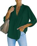 AISEW Womens Casual V Neck Shirts Cuffed Sleeves Chiffon Blouses Loose Solid Henley Work Tops (1169Dark Green, XL)