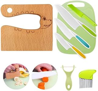 Goodchef Set di 8 coltelli da cucina per bambini, per tagliare e cucinare, frutta o verdura, incluso coltello in legno, tagliere e pelapatate, coccodrillo