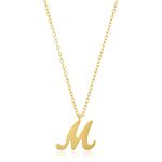 MAX + STONE 10k Yellow Gold Small Script Initial Letter M Pendant Necklace for Women Adjustable Chain Size 16 to 18 inches with Spring Ring Clasp