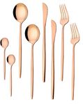 ANH MART Mirror Finish Rose Gold Plated Stainless Steel Flatware Set Copper Silverware Set Rose Gold Spoon Color Cutlery Set [Dinner Fork-Tea Spoon-Salad Spoon-Knife] Set of (Rose Gold 8)