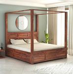 STRATA FURNITURE Solid Sheesham Wood Queen Size Poster Bed with Storage Wooden Double Bed for Bedroom Living Room Home (Natural Finish)