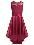 FEESHOW Big Girls Lace Splice Princess Wedding Bridesmaid High Low Party Ball Dance Satin Flower Girl Dress Burgundy 8