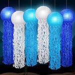 Roowest 12 Pcs Light up Jellyfish Paper Lanterns Set, 6 Pcs White Blue Hanging Lantern and 6 Pcs LED Lantern Lights for Mermaid Unicorn Theme Under The Sea Ocean Birthday Party Decorations