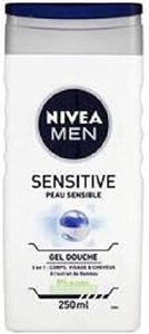 NIVEA MEN Gel Douche Sensitive 3 en 1 (1 x 250 ml), gel douche homme pour peau sensible, nettoyant doux pour corps, cheveux et visage, savon douche à l'extrait de bambou