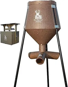 BOSS BUCK 200 LB Deer Feeder / Hunting Durable Lightweight Plastic UV Protected Waterproof Game Feeder with Protein 3 Feed Tubes Head, 12V Spinner Automatic Delivery System & Multi-Piece Legs