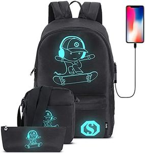 Pawsky Skateboard Anime Luminous Backpack School Backpack with USB Charging Port, Anti Theft Lock, Sling Bag & Pencil Case for Teen Boys and Girls, College School Bookbag Lightweight Laptop Bag, Black