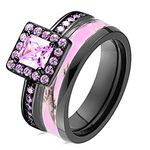 Pink Women`s Halo Black Titanium Camo and Sterling Silver Princess Engagement Wedding Rings Set (6)