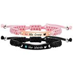 Uloveido His Crazy and Her Weirdo Bracelets for Couples - Handmade Pink Black String Stainless Steel ID Plate Bracelets for BF and GF Y3943