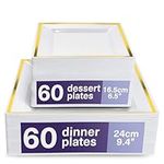 MATANA 120 Premium White Square Plastic Plates with Gold Rim - 60 24cm Dinner Plates, 60 16.5cm Dessert Plates - Elegant & Reusable Party Plates for Weddings, Birthdays, BBQ, Parties